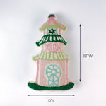 Pink and green pagoda-shaped decorative pillow shown with 12 inch length and 18 inch width.