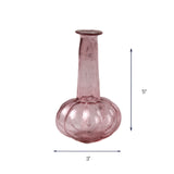 Small pink glass bud vase with rounded base, measuring 5 inches tall and 3 inches wide.
