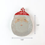 White ceramic Santa-shaped dish with a red-striped hat, shown with measurements of 7.125 inches wide and 11.25 inches tall.