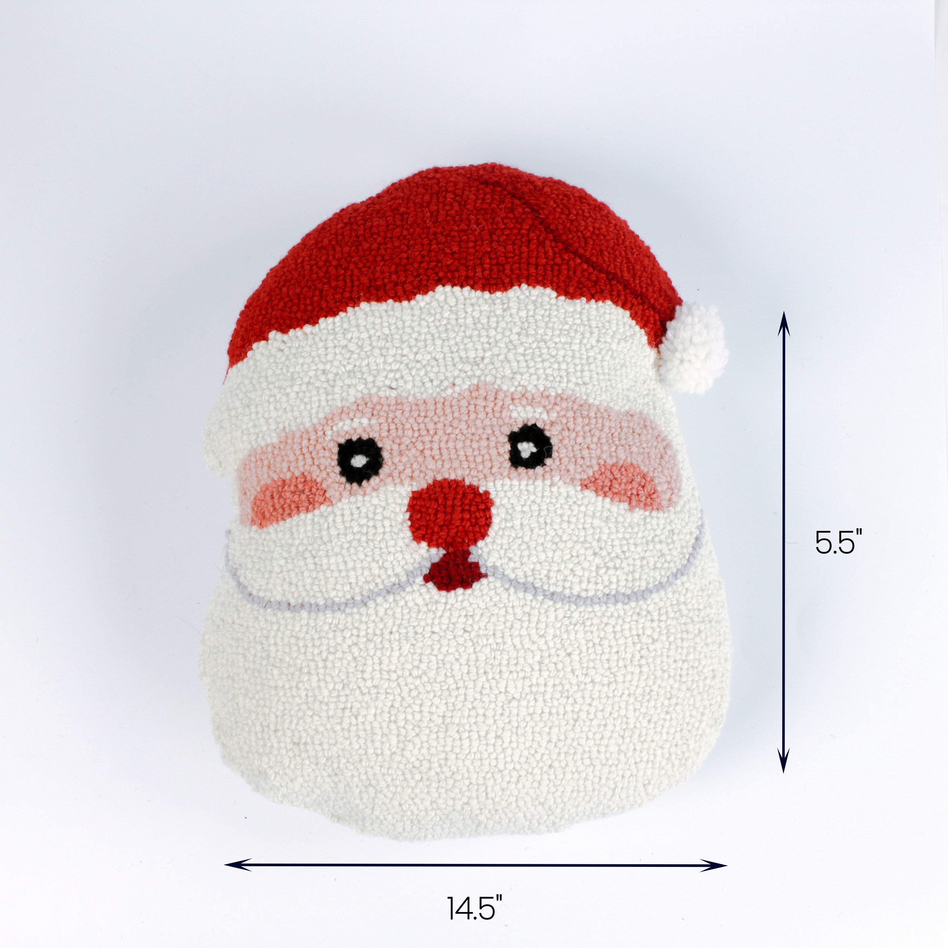 Santa-shaped plush pillow with a red hat, white beard, and measurements showing 14.5 inches wide and 5.5 inches tall.