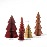 Set of five paper Christmas trees in red gold and brown tones shown with heights ranging from 4 inches to 14 inches and varying widths.