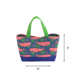 Small canvas tote bag featuring a colorful whale of a time, shown with dimensions measuring 15 inches wide by 8 inches tall