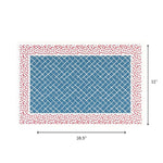 A blue trellis patterned paper placemat with a red ditsy floral border displayed with 16.5" by 11" dimensions on a white background.