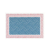 A rectangular paper placemat featuring a blue trellis pattern center with a red ditsy floral border on a white background.