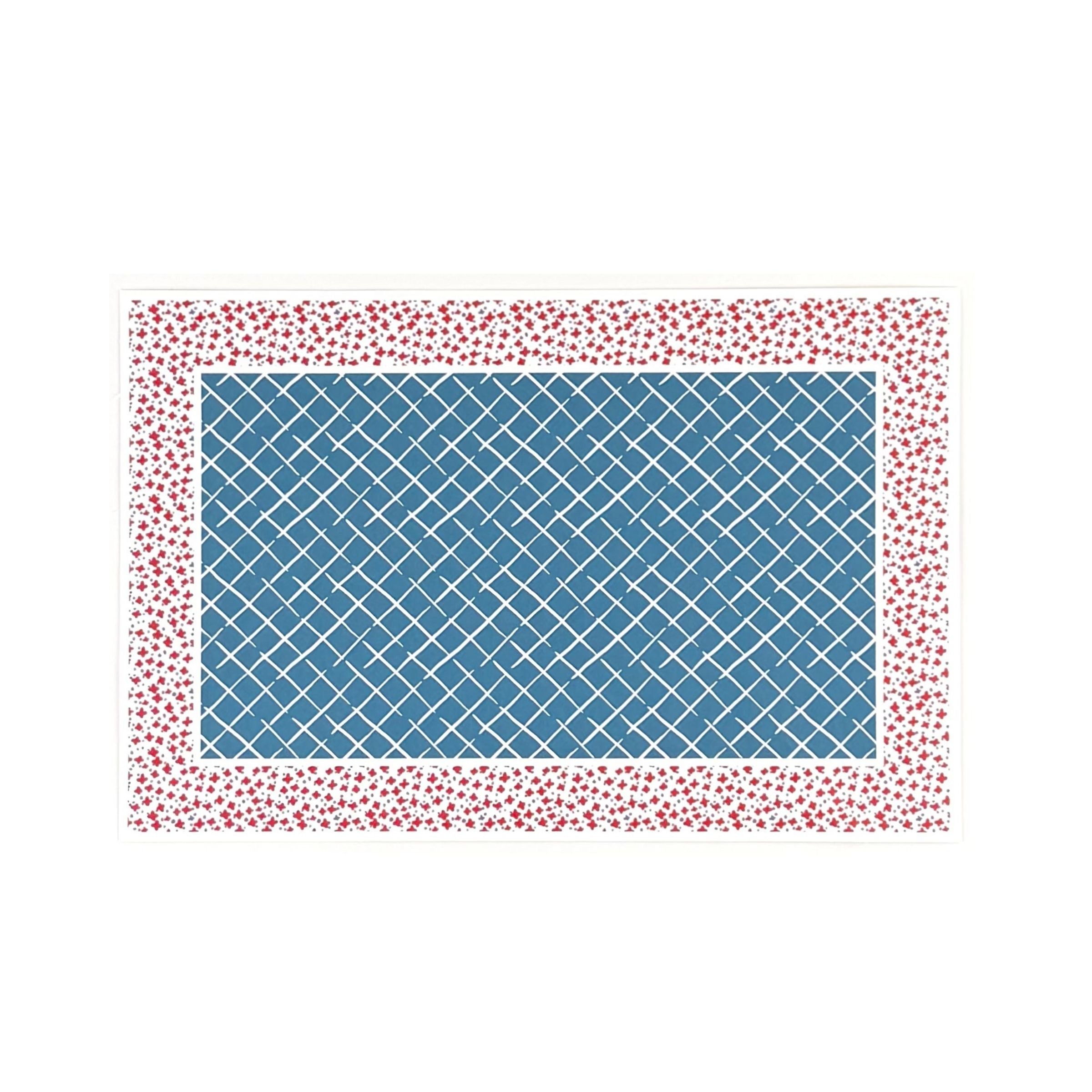 A rectangular paper placemat featuring a blue trellis pattern center with a red ditsy floral border on a white background.