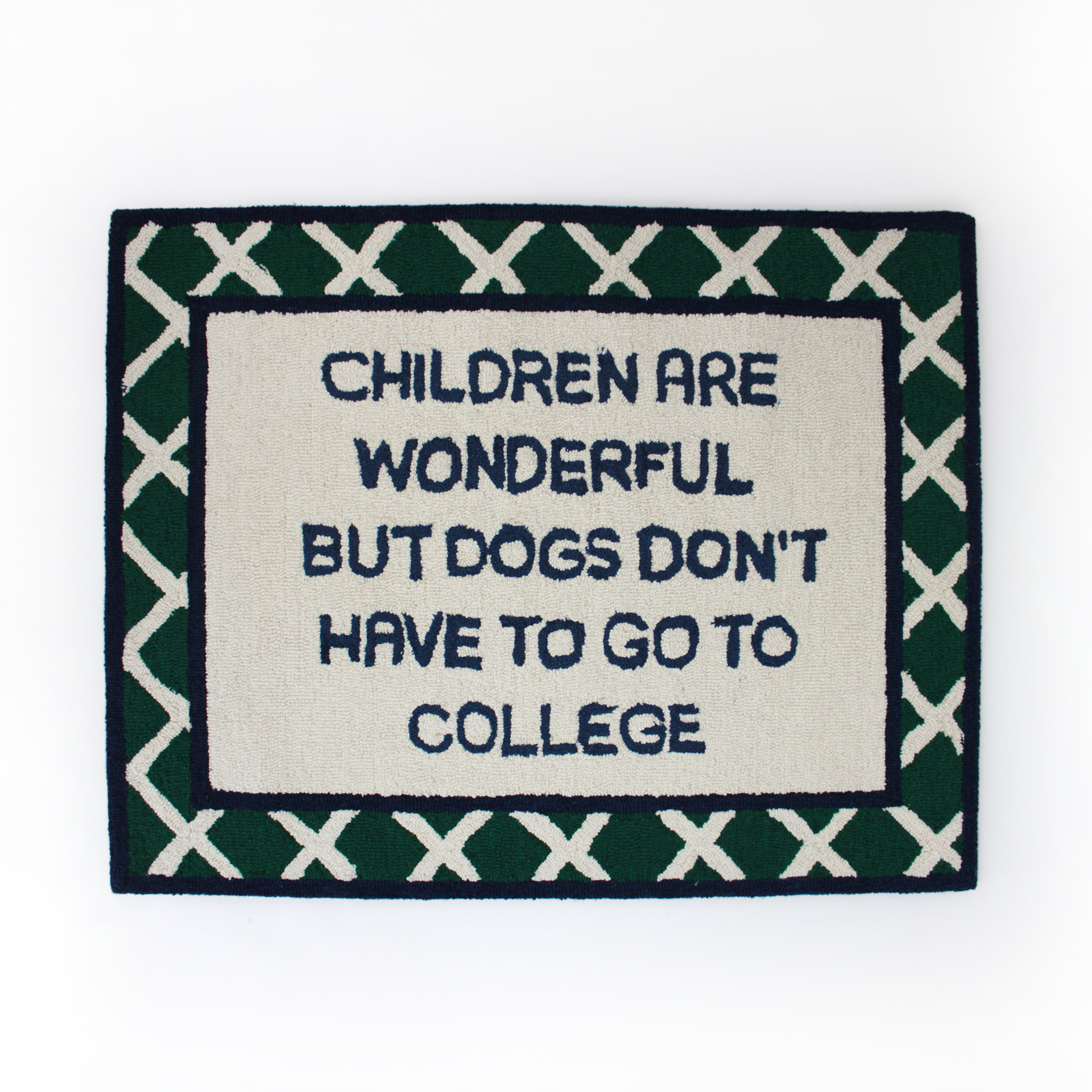 Dogs Don't Have to Go to College Navy/Green Hooked-Wool Rug