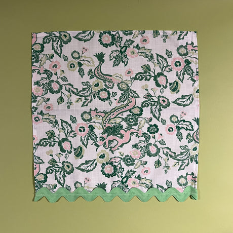pink and green chinoiserie dinner napkin with ric rac trim by madcap cottage