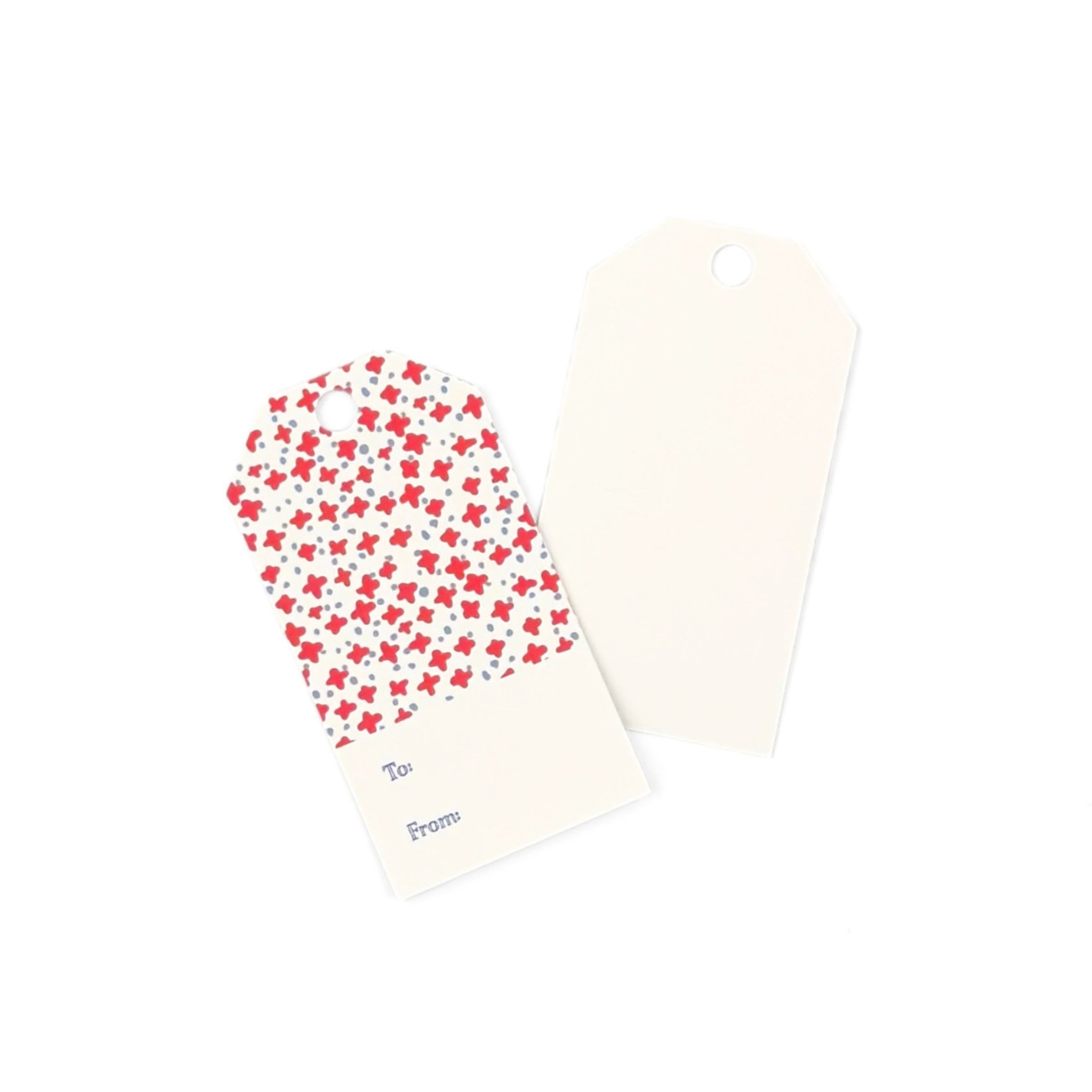 Dune Road gift tags featuring charming red floral stars, delicate blue accents, and personalized fields.