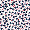 Navy blue starburst and red dot ditsy pattern fabric on a white background.