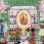 Illustrated 500-piece puzzle showing a colorful candy shop storefront with children and Easter decorations