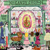 Illustrated 500-piece puzzle showing a colorful candy shop storefront with children and Easter decorations