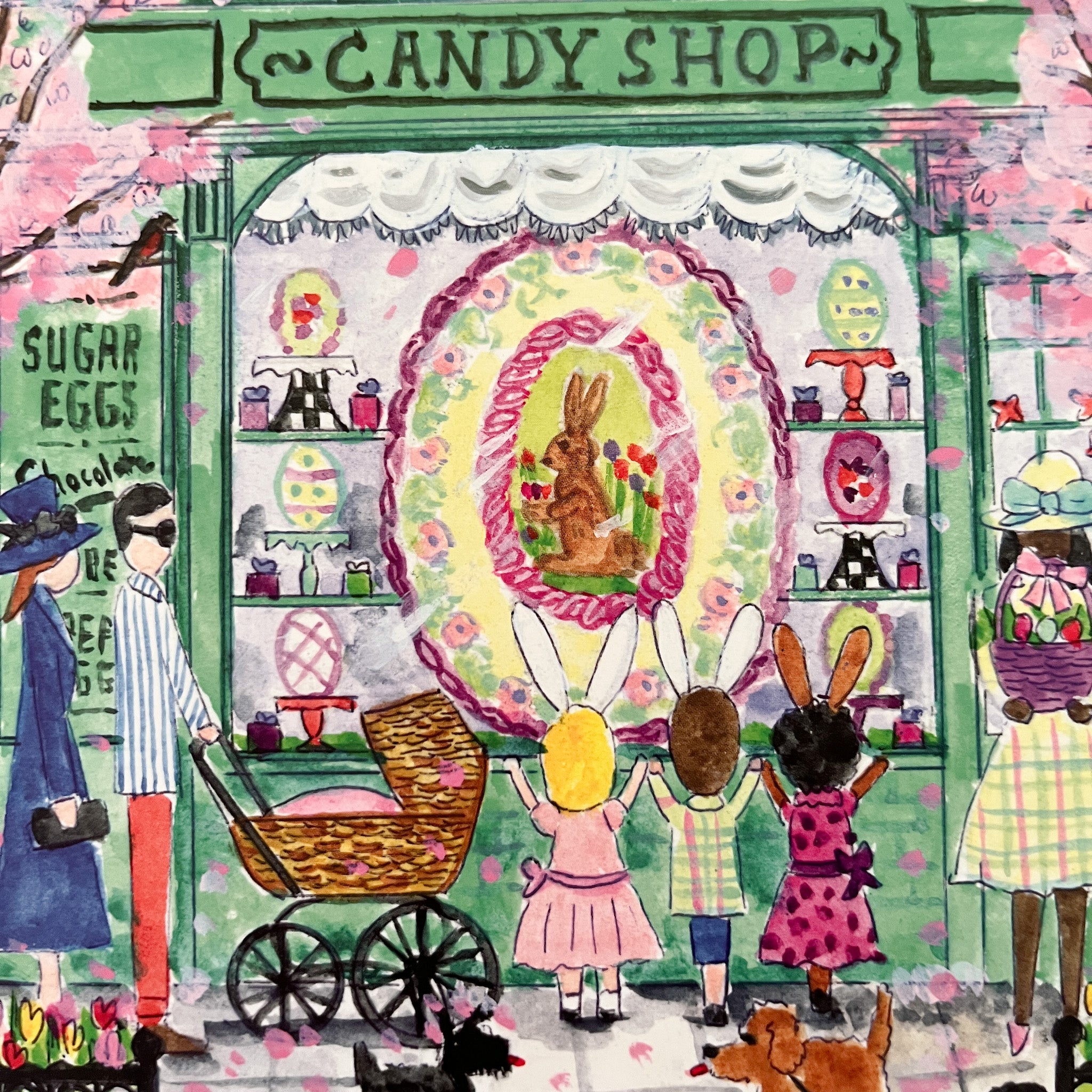 Illustrated 500-piece puzzle showing a colorful candy shop storefront with children and Easter decorations