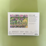 Illustrated 1000-piece puzzle showing a colorful Easter egg hunt scene in a park with people, trees, and spring decorations