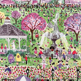Illustrated 1000-piece puzzle showing a colorful Easter egg hunt scene in a park with people, trees, and spring decorations