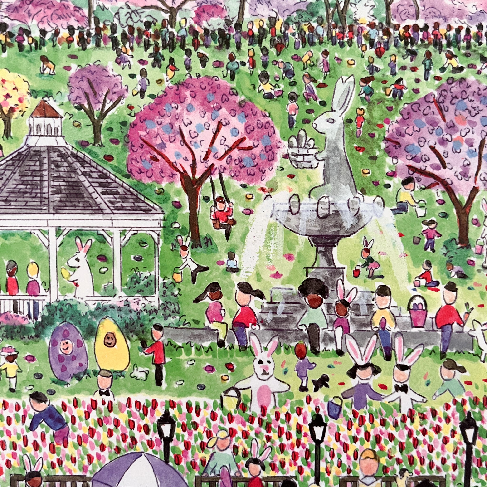 Illustrated 1000-piece puzzle showing a colorful Easter egg hunt scene in a park with people, trees, and spring decorations