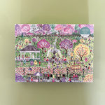 Illustrated 1000-piece puzzle showing a colorful Easter egg hunt scene in a park with people, trees, and spring decorations