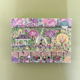 Illustrated 1000-piece puzzle showing a colorful Easter egg hunt scene in a park with people, trees, and spring decorations