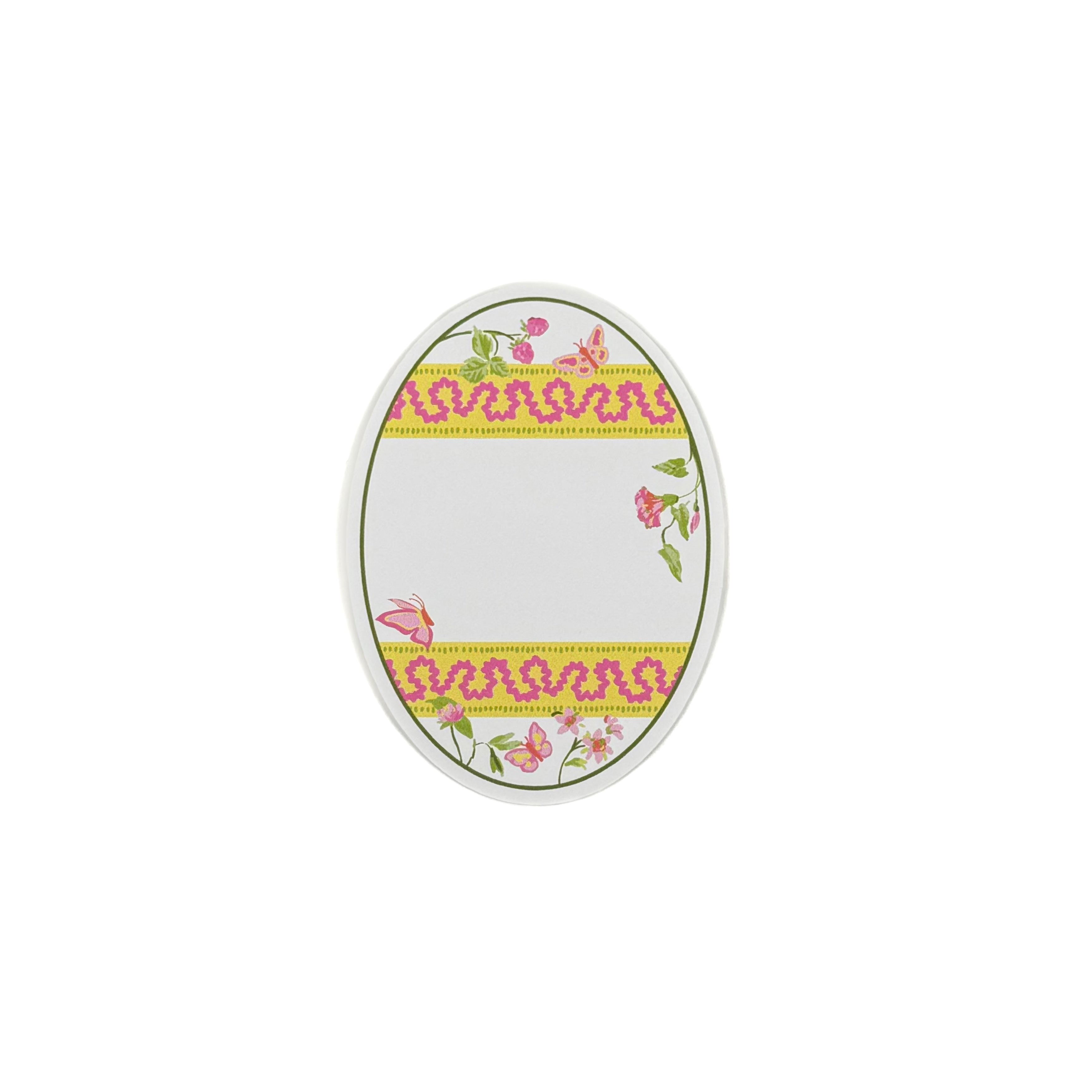 an egg-shaped spring paper place card designed by Madcap Cottage with a floral and ribbon design on a white background