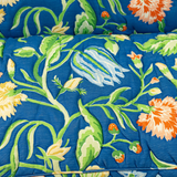 Fabric detail of Blue floral upholstered loveseat with botanical pattern and rolled arms