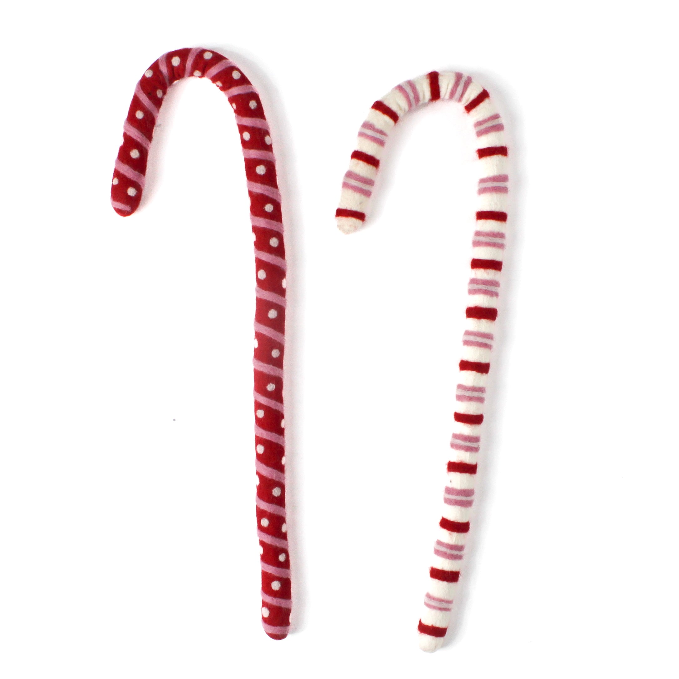 a set of two, large felt candy cane decorations in red, pink and white approximately 22" inches tall. 