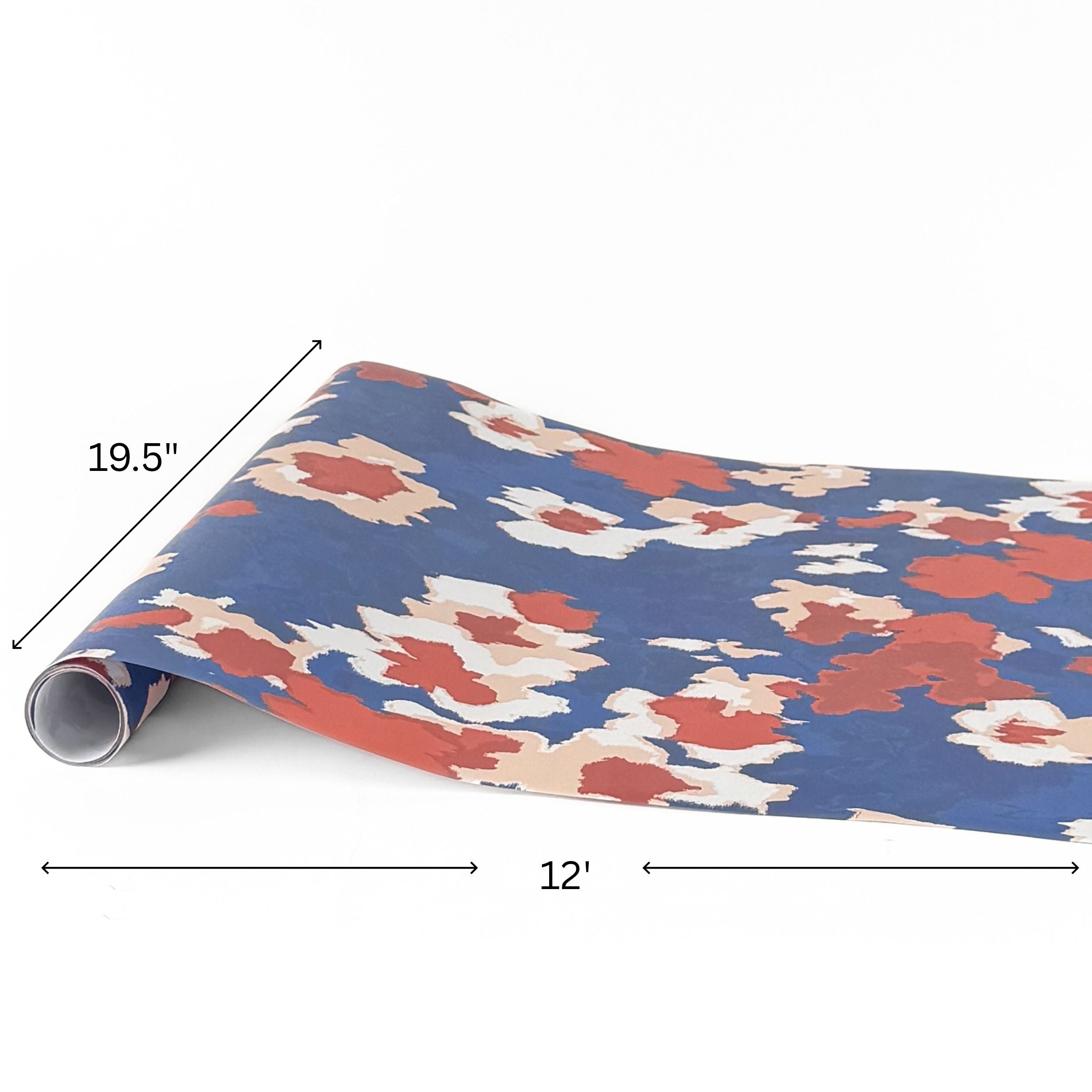 Floral blue red paper table runner measuring 12 feet long and 19.5 inches wide.
