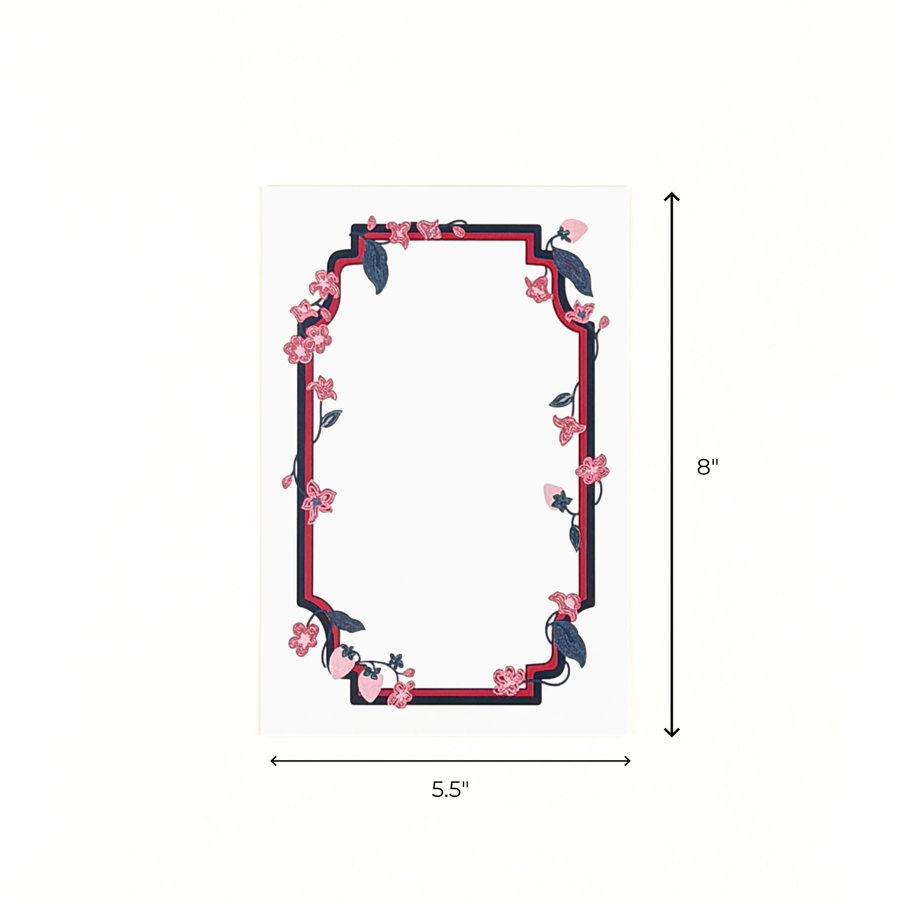 A floral strawberry themed menu card with decorative pink flowers and an outlined border shown with dimensions of 8" x 5.5"