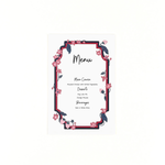 A floral strawberry themed menu card featuring a sample menu layout with decorative pink flowers and a bordered frame.