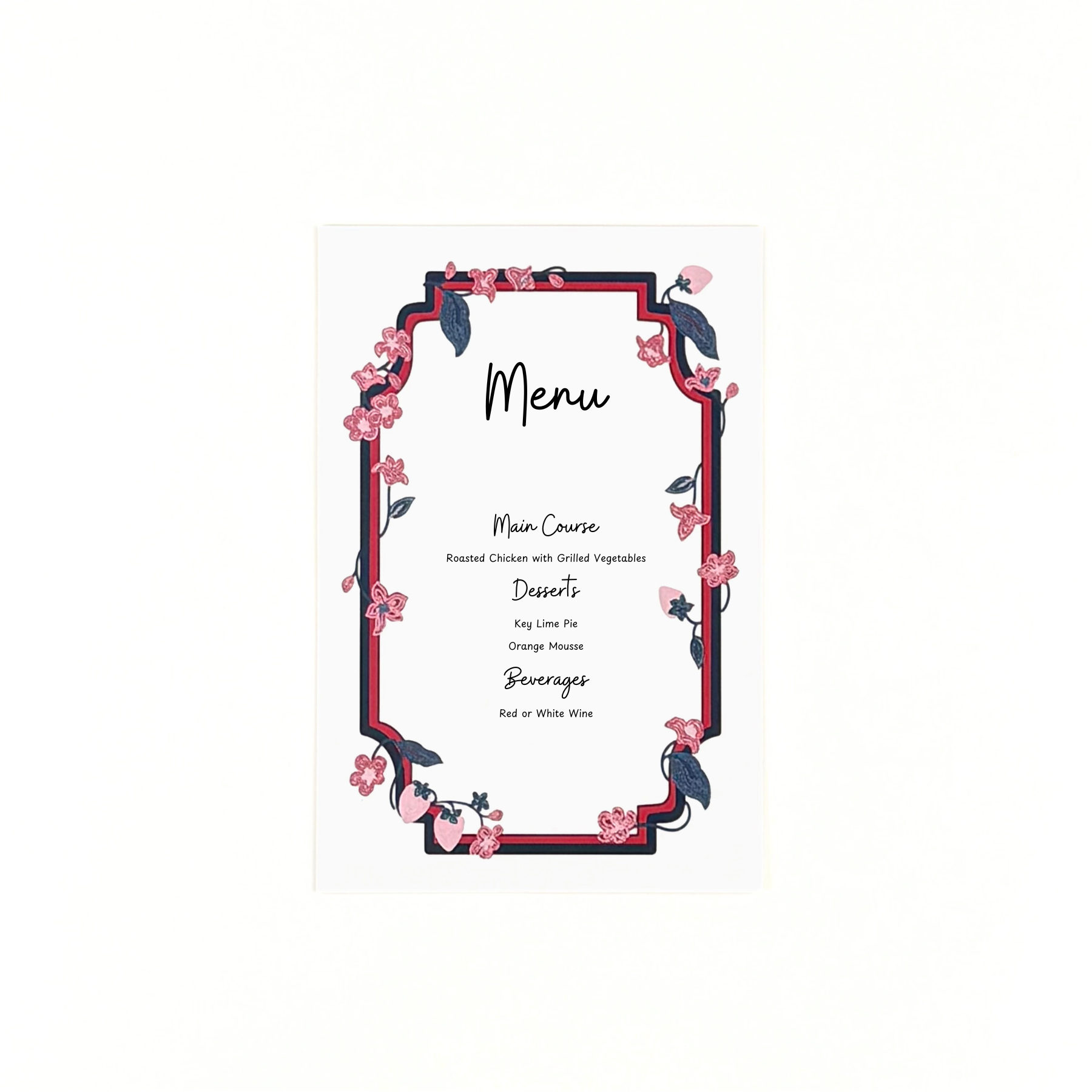 A floral strawberry themed menu card featuring a sample menu layout with decorative pink flowers and a bordered frame.