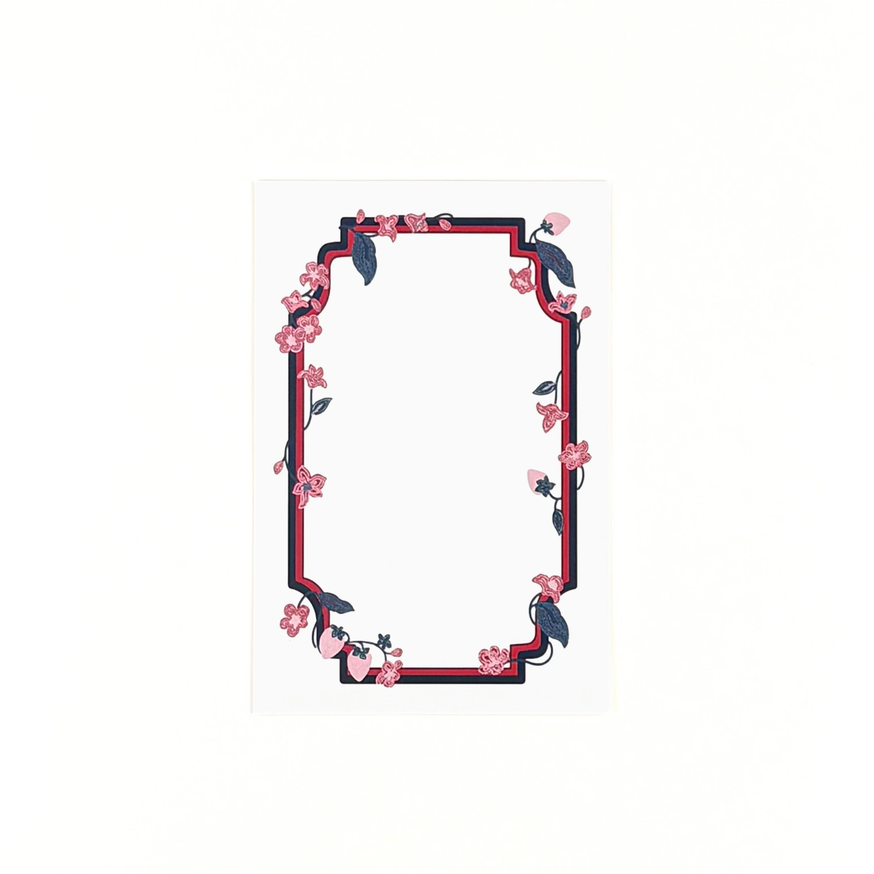 A floral strawberry themed menu card featuring pink flowers and decorative borders on a white background.