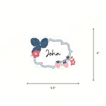 Floral strawberry themed place card displayed with 5.5" by 4" dimensions on a white background.