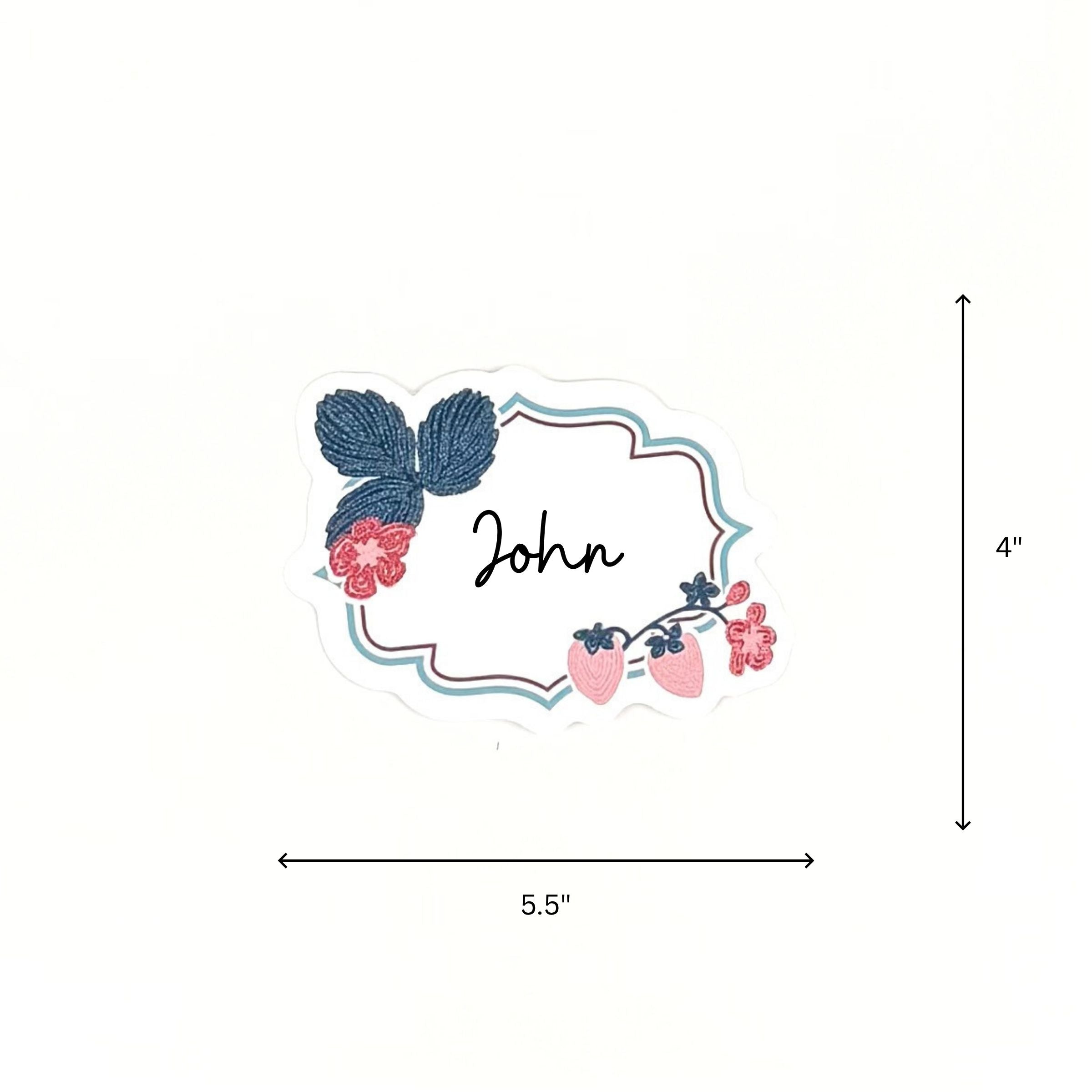 Floral strawberry themed place card displayed with 5.5" by 4" dimensions on a white background.