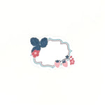 Floral strawberry themed place card featuring decorative berries, and flowers on a white background.