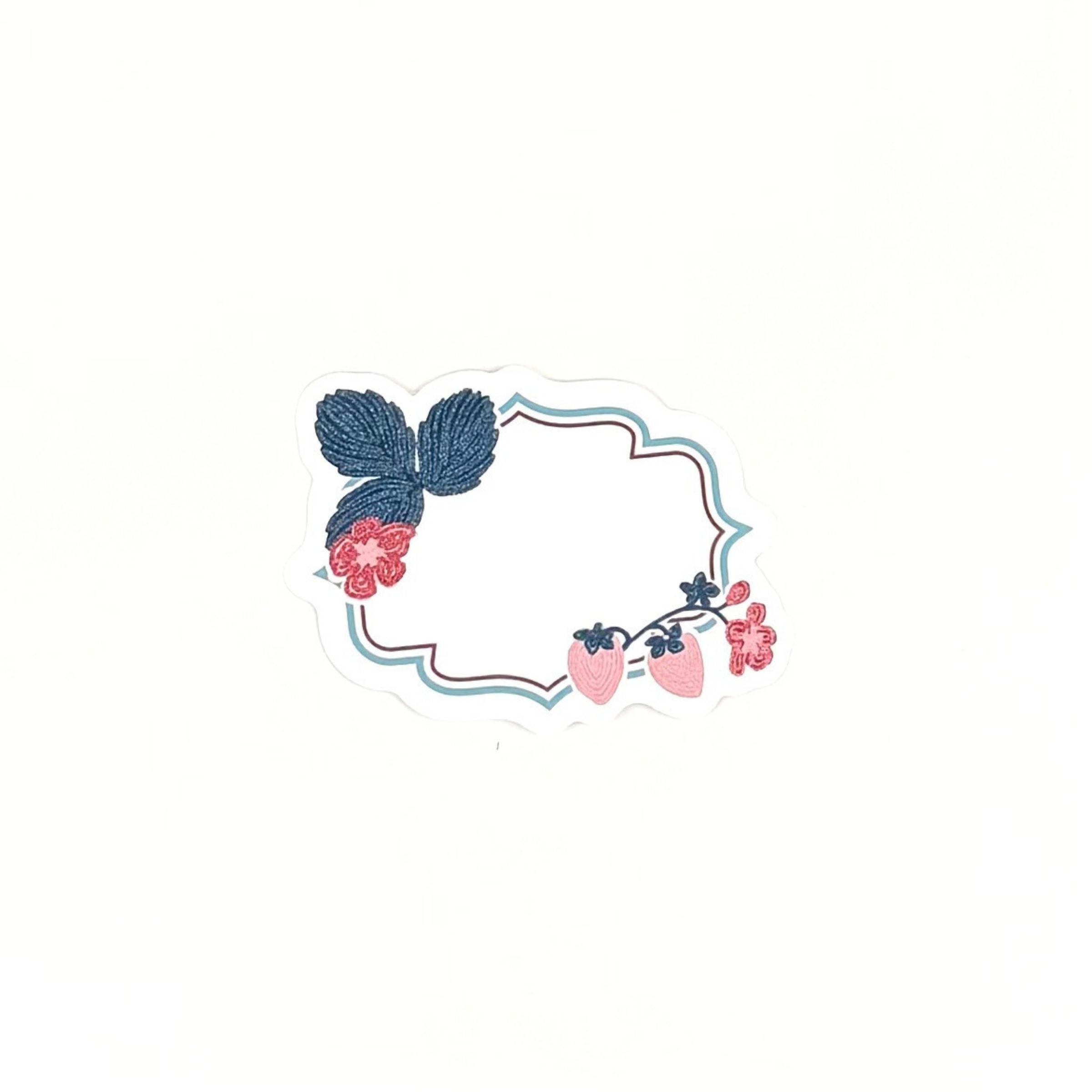 Floral strawberry themed place card featuring decorative berries, and flowers on a white background.