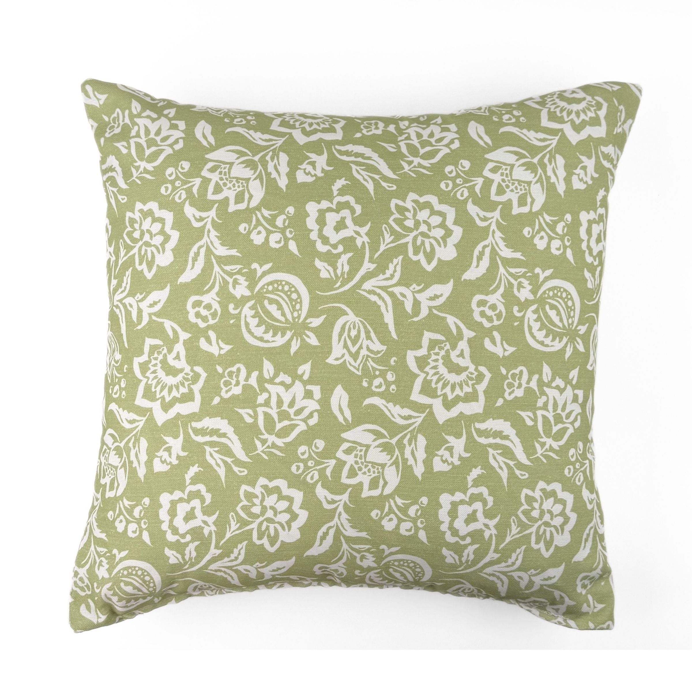 Back view of Floral White Meadow Green Square outdoor pillow.