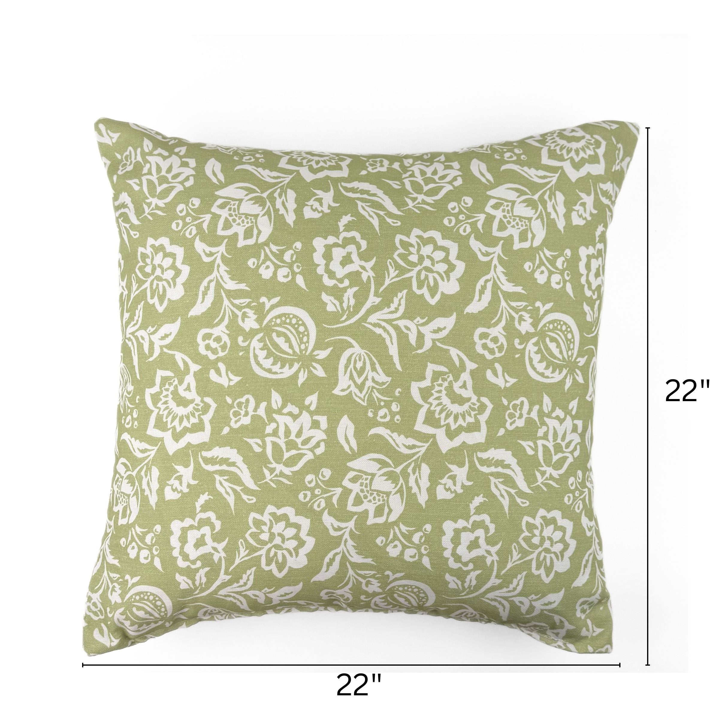 Floral White Meadow Green Square outdoor pillow, 22 by 22 inches.