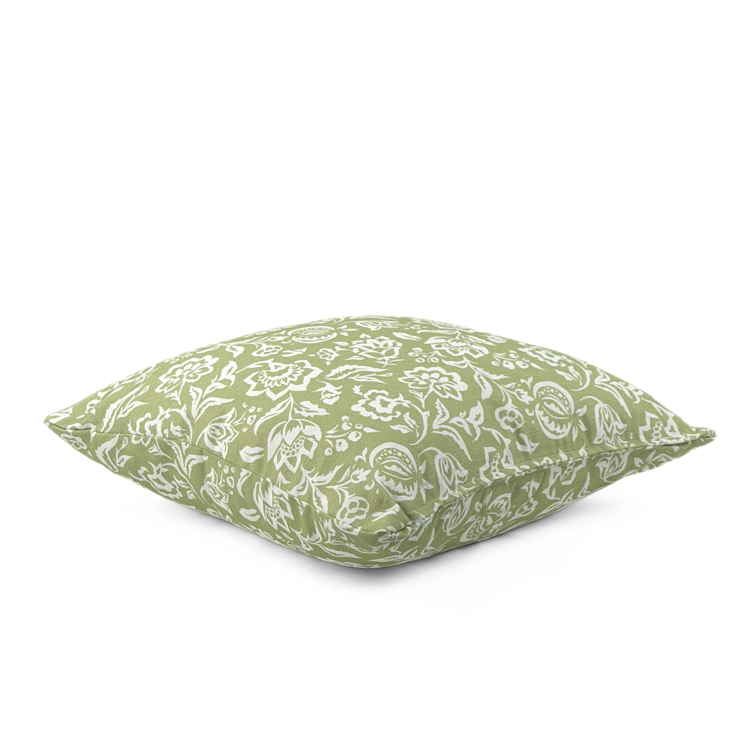 Side view of Floral White Meadow Green Square outdoor pillow.