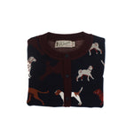 Folded navy knit cardigan with allover  dog pattern and button front