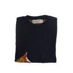 Folded navy blue knit sweater with subtle fox motif detail and branded label visible