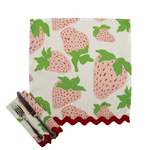 madcap cottage garden party strawberry cloth dinner napkins, one unfolded and one folded with cutlery on top