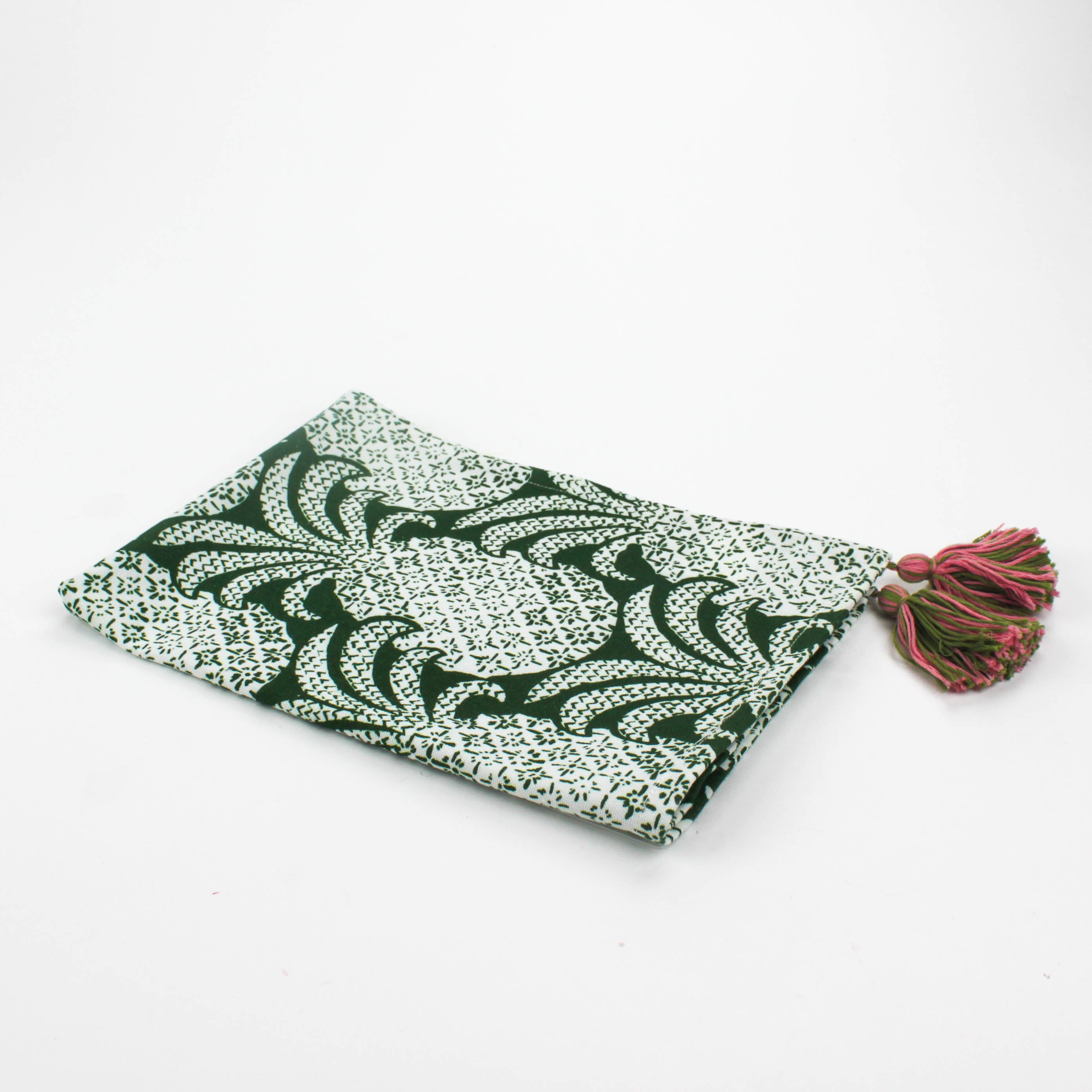 Green pineapple pattern Christmas tea towel with pink and green tassels on each corner