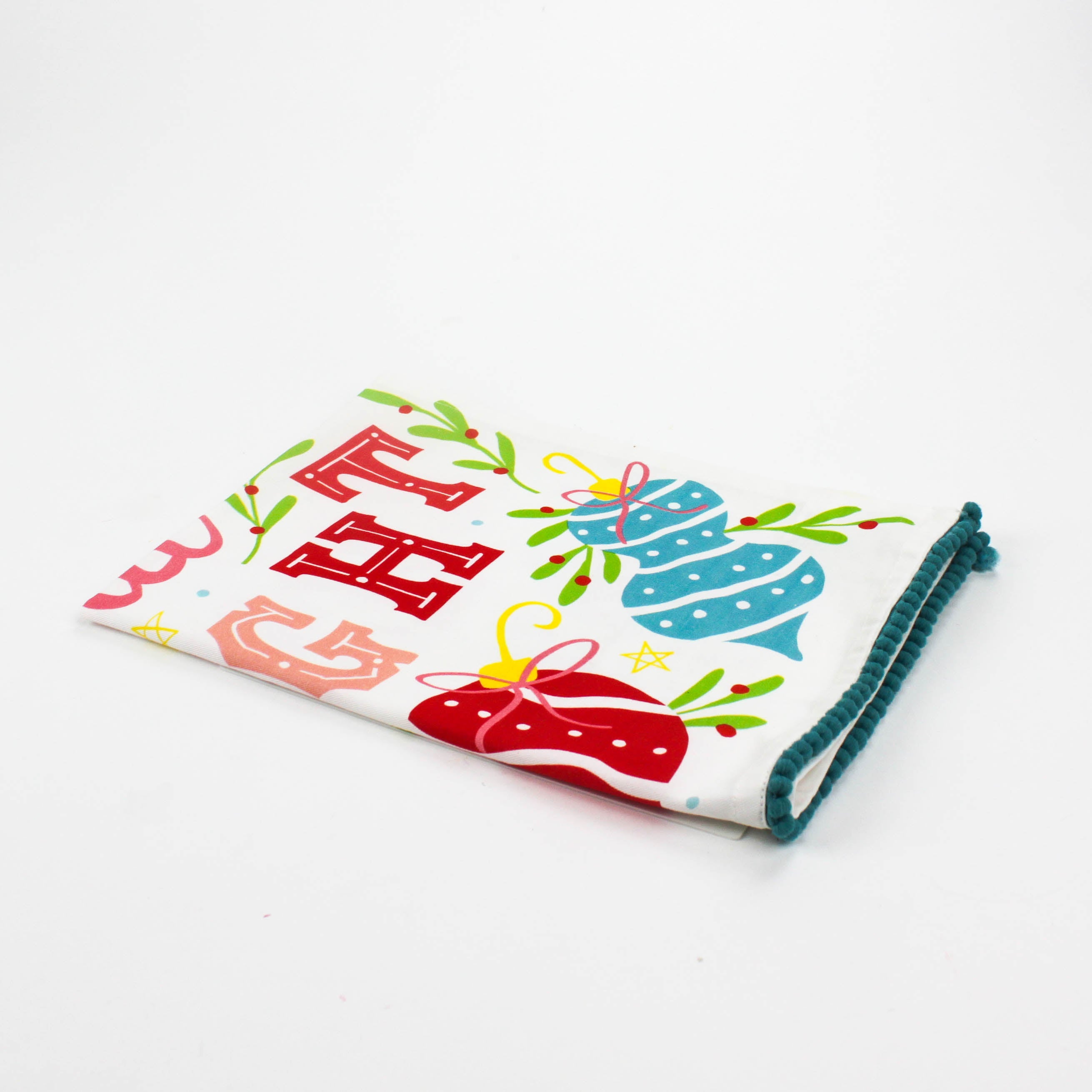 Colorful Ornaments Christmas Tea Towel with saying Merry and Bright