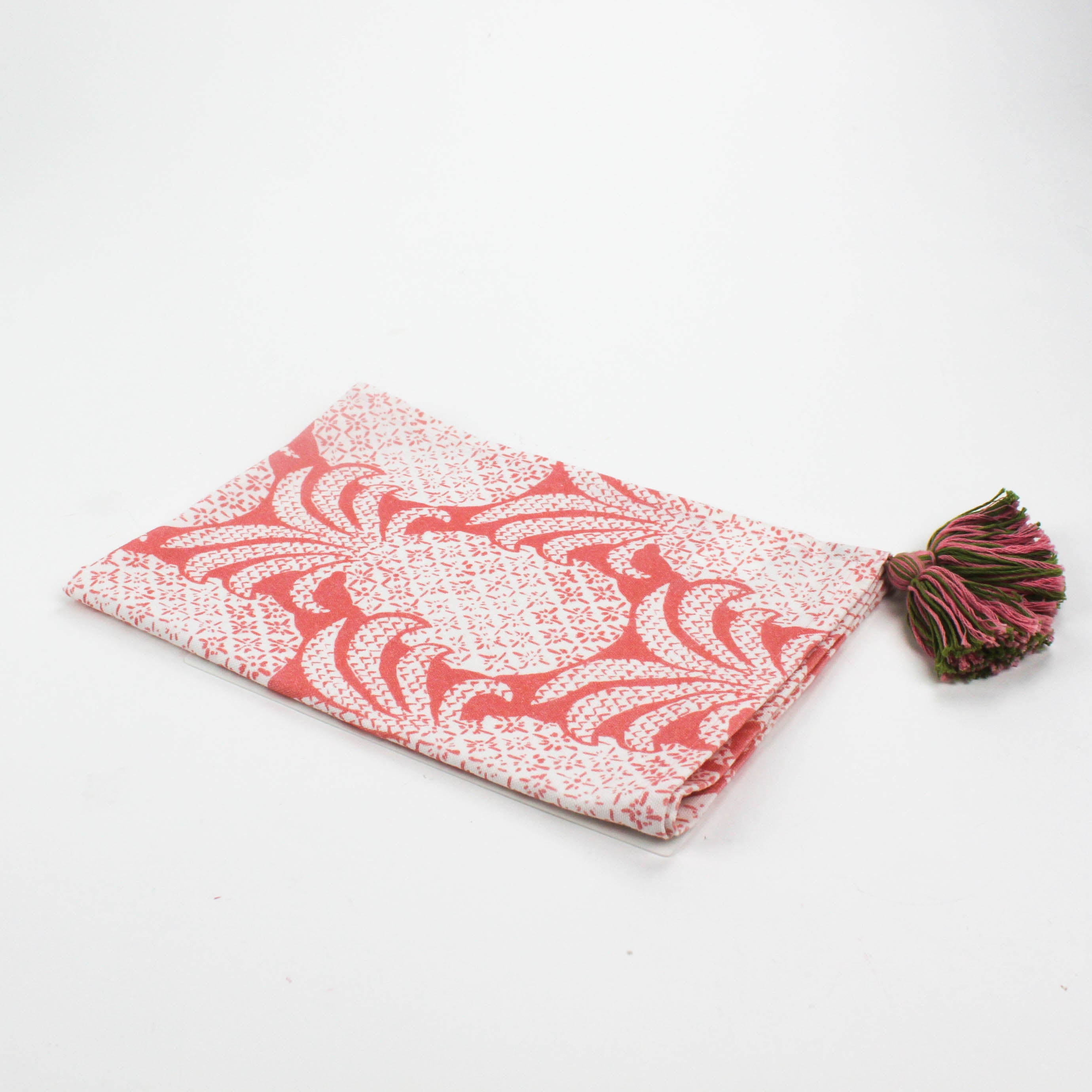 Pink pineapple pattern Christmas tea towel with green and pink tassels on each end
