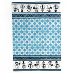 blue christmas tea towel with blue geometric pattern and snowman designs on a white background