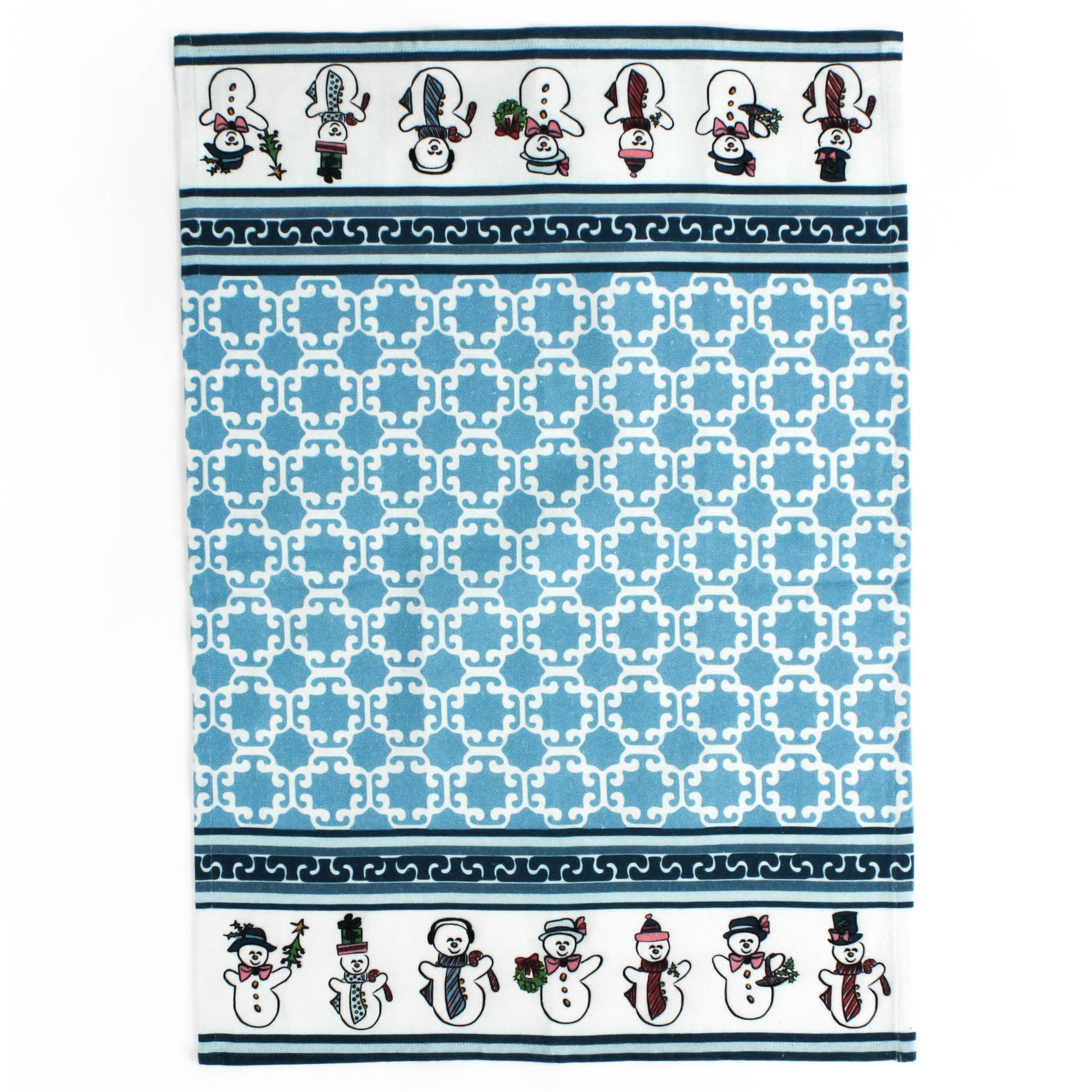 blue christmas tea towel with blue geometric pattern and snowman designs on a white background