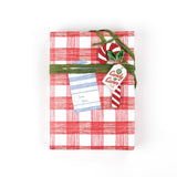 Gift wrapped in red and white gingham paper with green ribbon and Christmas gift tag.