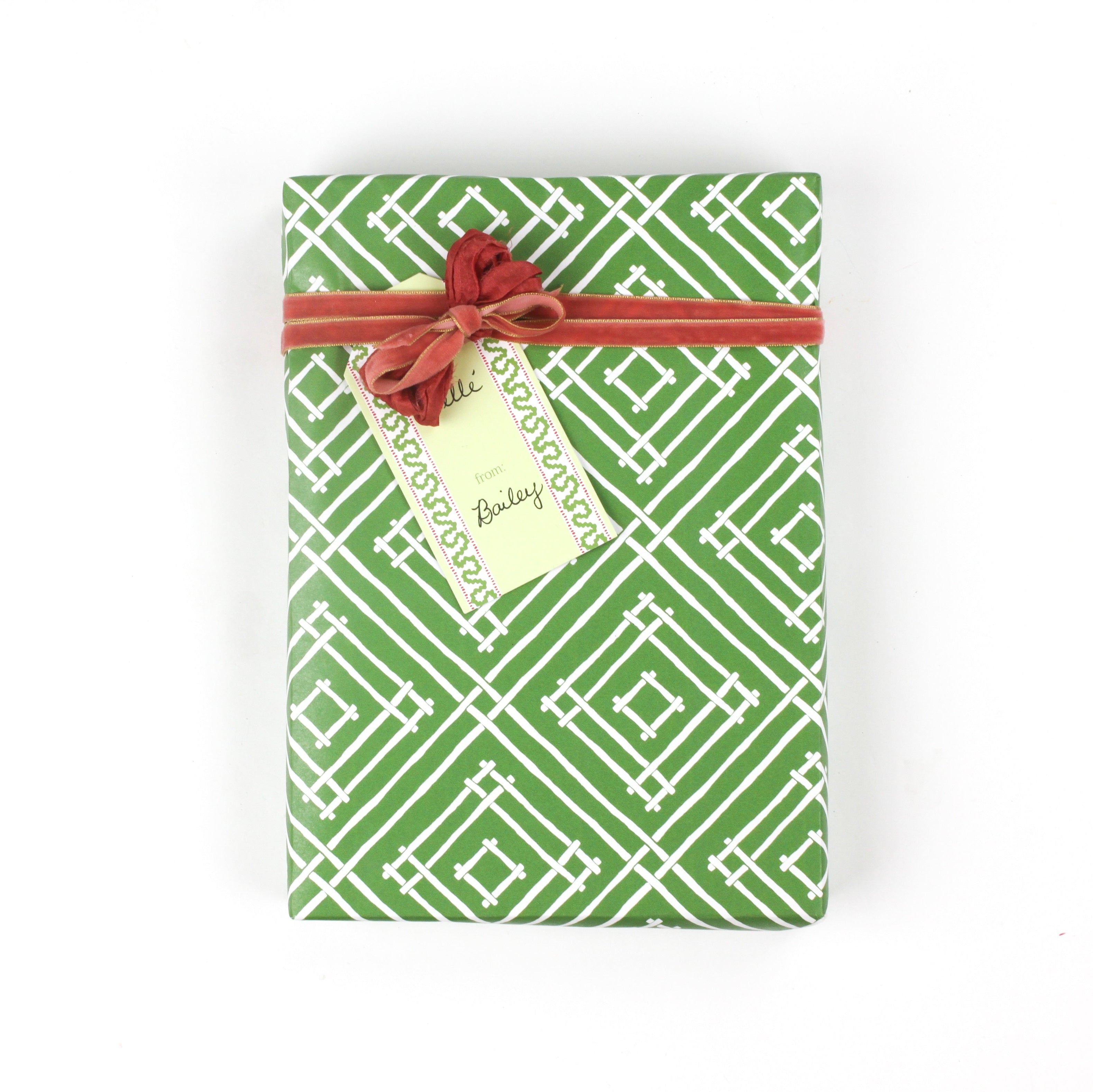 a wrapping paper with a geometric lattice pattern in green