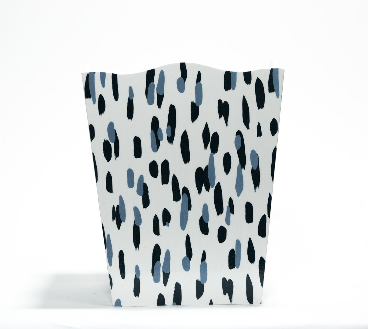a blue and white wastepaper basket with a brushtroke motif pattern called club house from madcap cottage