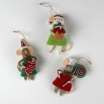 Three festive felt mouse ornaments wear holiday outfits—one holds a gingerbread cookie, another a giant lollipop, and the third a Christmas pudding