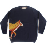 Navy blue knit sweater featuring a fox motif design on the front
