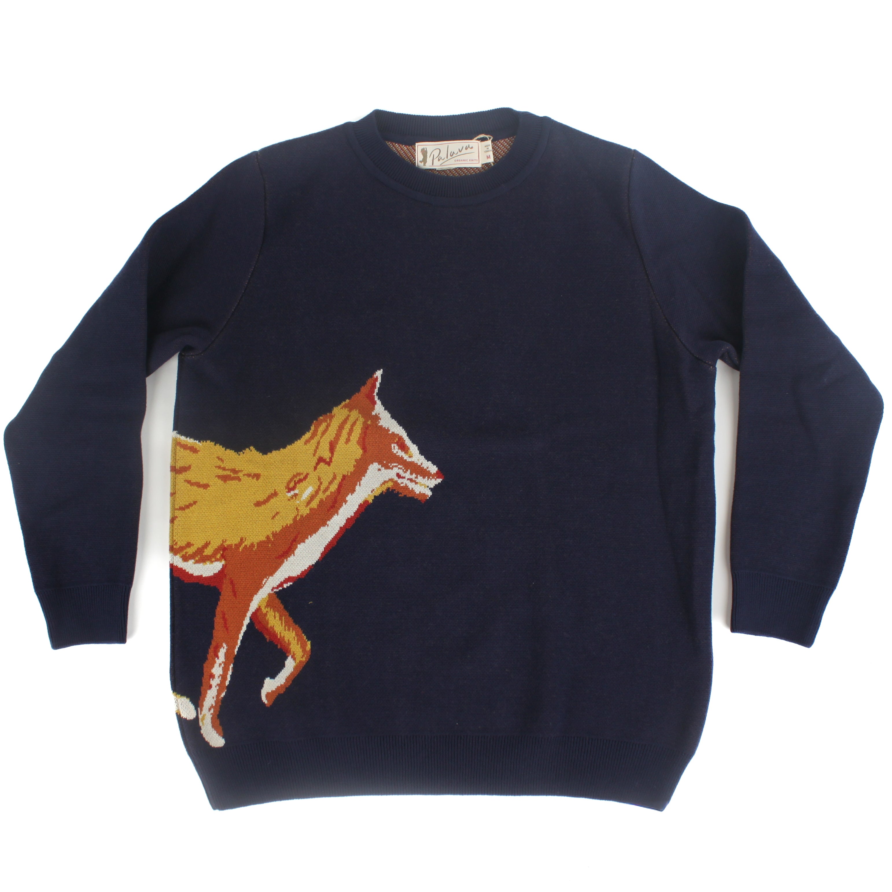 Navy blue knit sweater featuring a fox motif design on the front